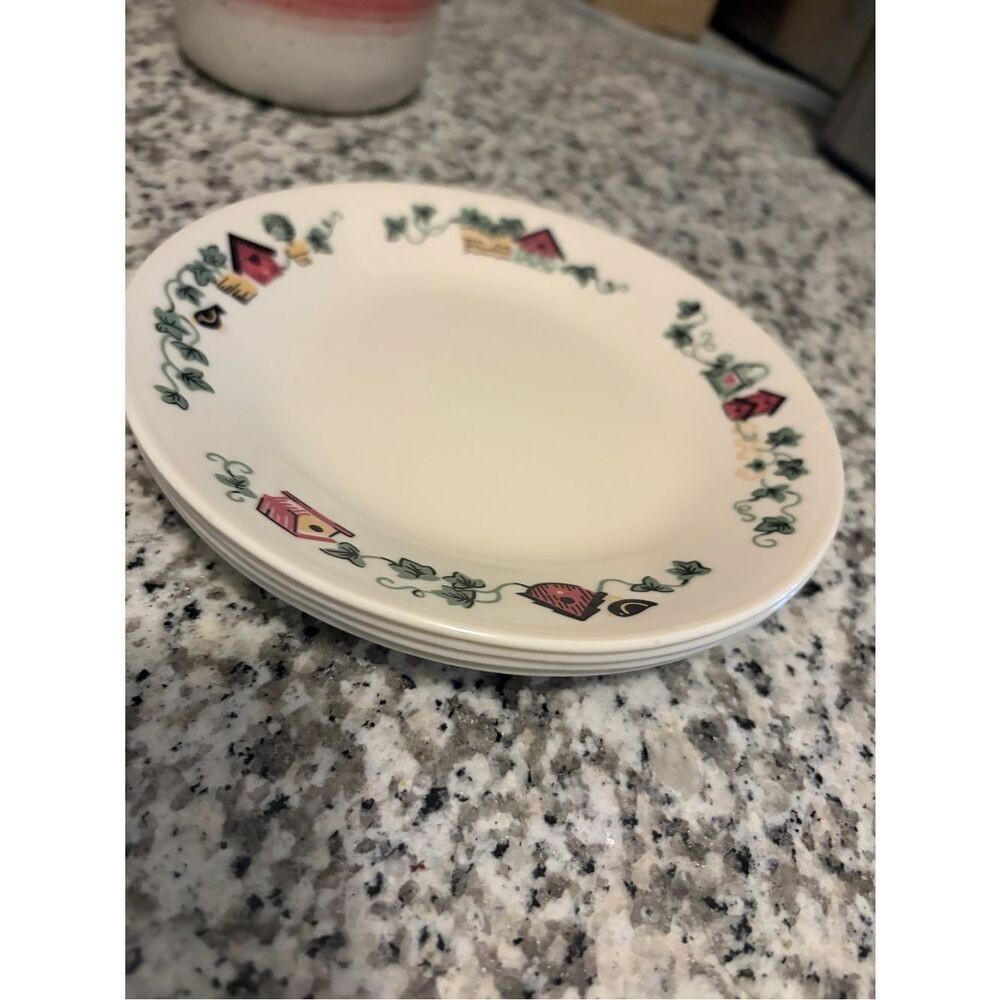 Corelle vintage set of 4 small Plates with Pink and Green Birdhouse Border